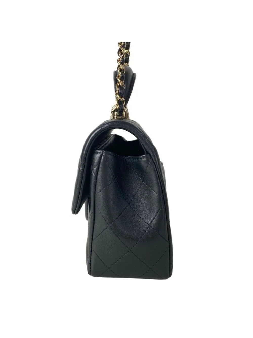 Chanel Shoulder Bag Quilted Top Handle Mini Flap Black Chain Champagne Gold